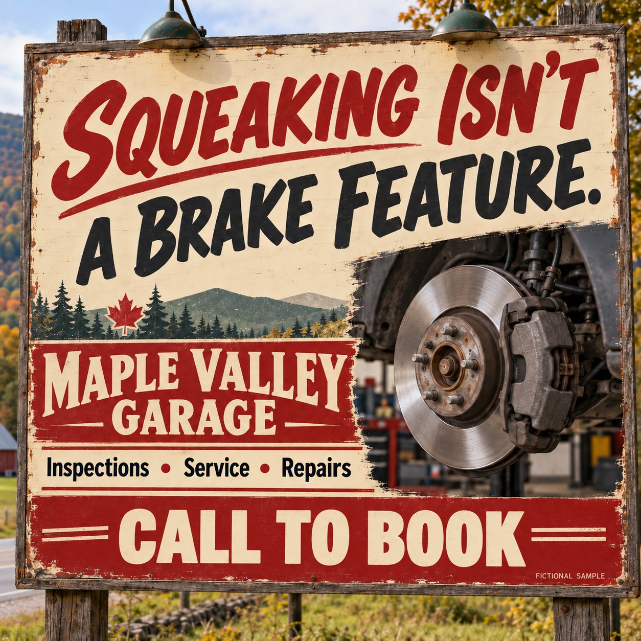 Fictional vintage billboard advertisement for brake service