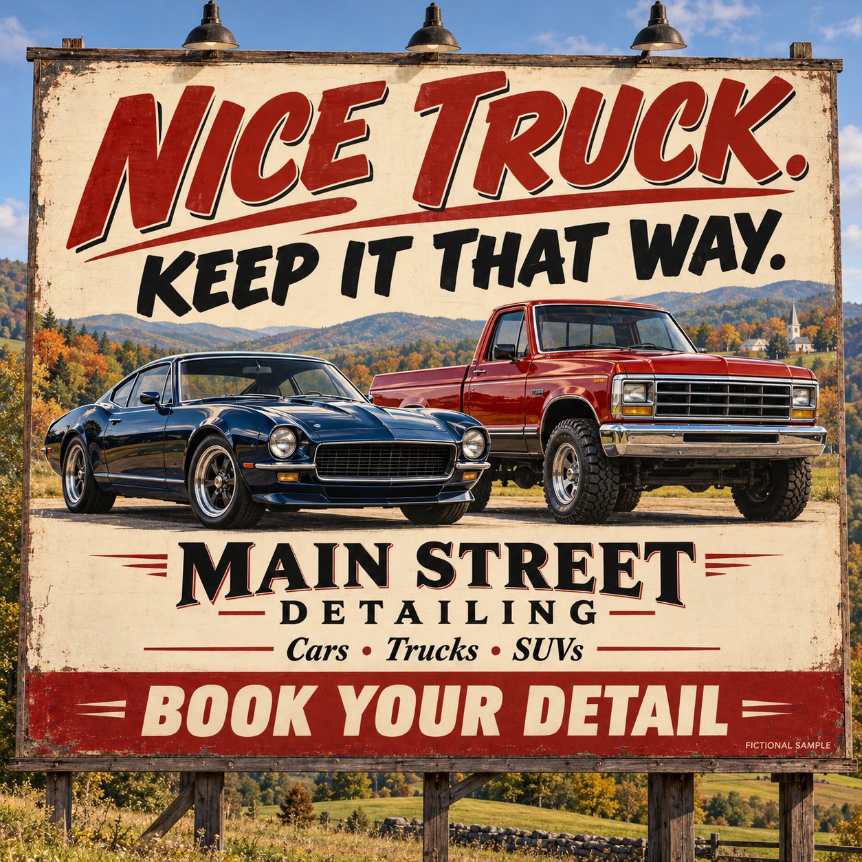 Fictional vintage billboard advertisement for auto detailing