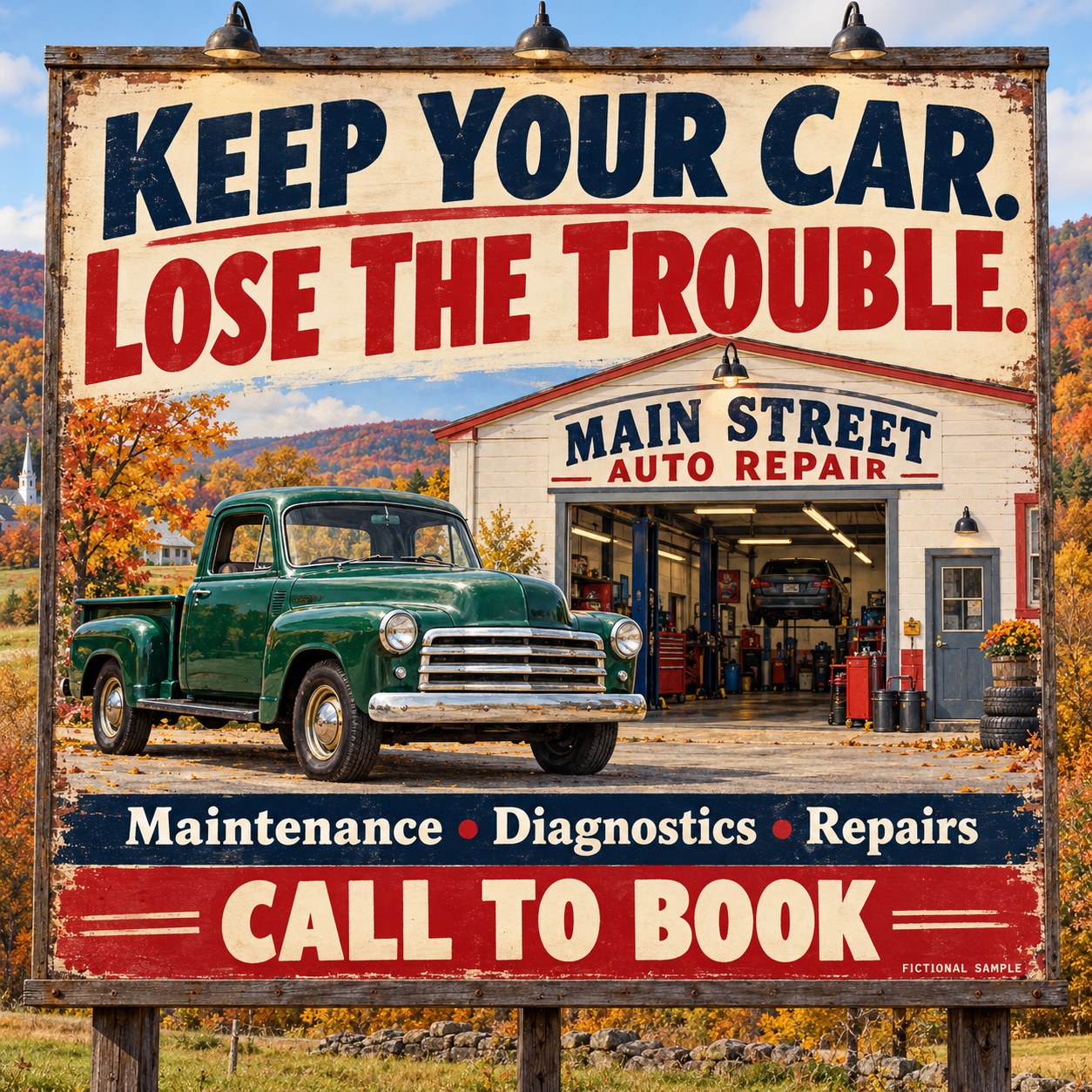 Fictional vintage billboard advertisement for auto repair