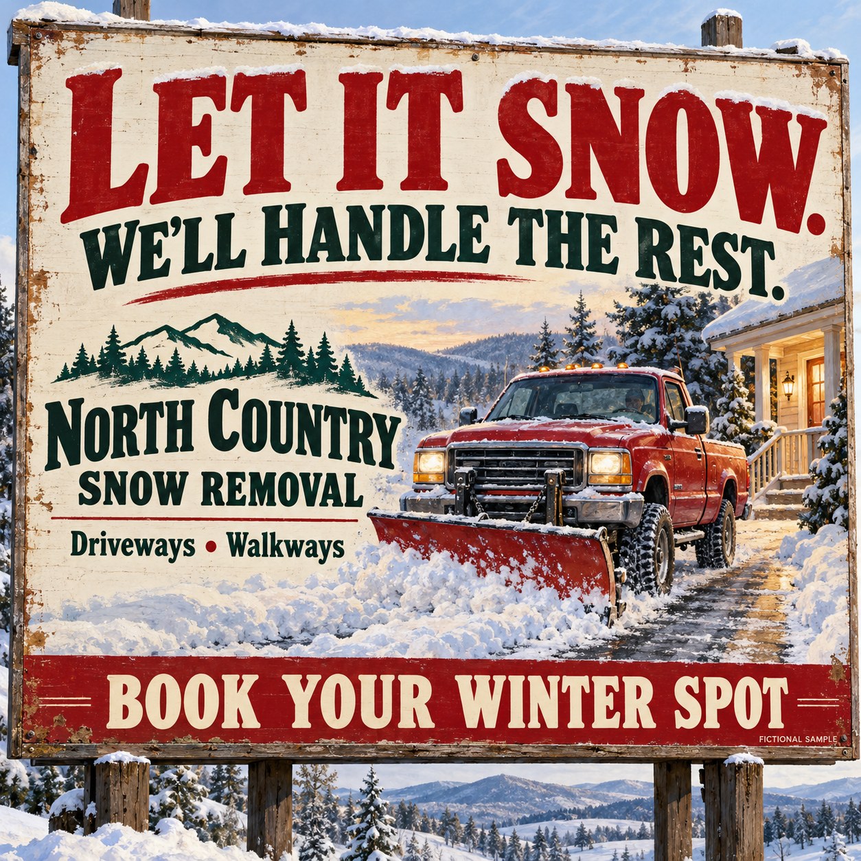 Fictional vintage billboard advertisement for snow removal